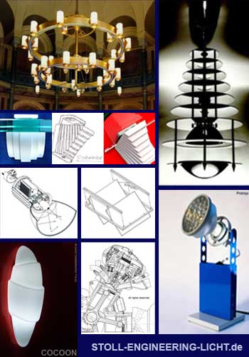 Stoll Engineering Licht Produkte - COCOON, DROP, Regalbodenträger Byzanz und Pyramide, Lichtwerfer, Hallenreflektorleuchte, Lichtanlage, Absenk-Kinematik für Deckenleuchten